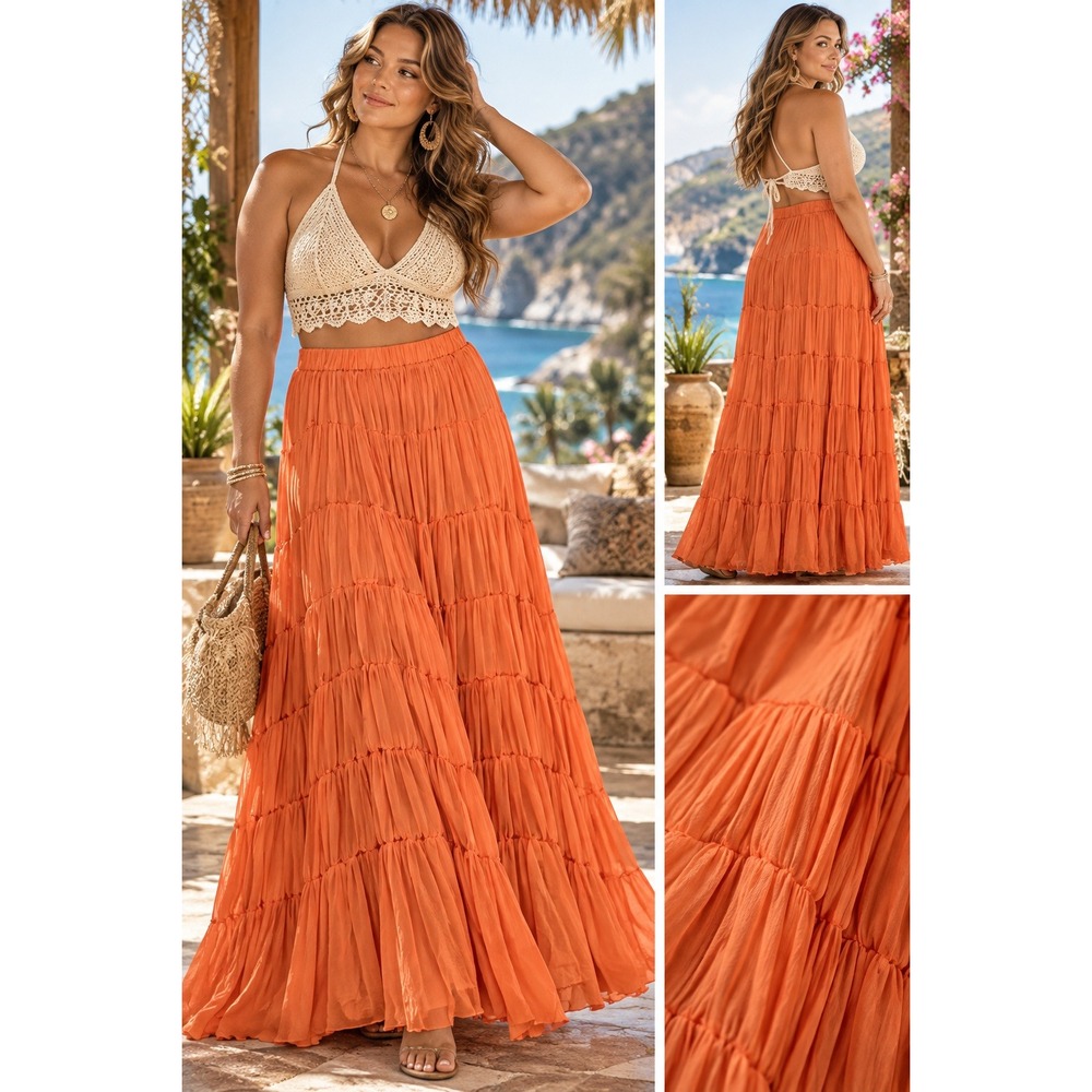 Akira Tiered Maxi Skirt Size XL Orange Pleated Elastic Waist Boho Cottage #1635
